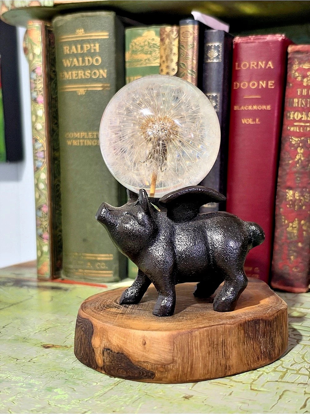 Cast Iron Pig with Clear Dandelion Orb